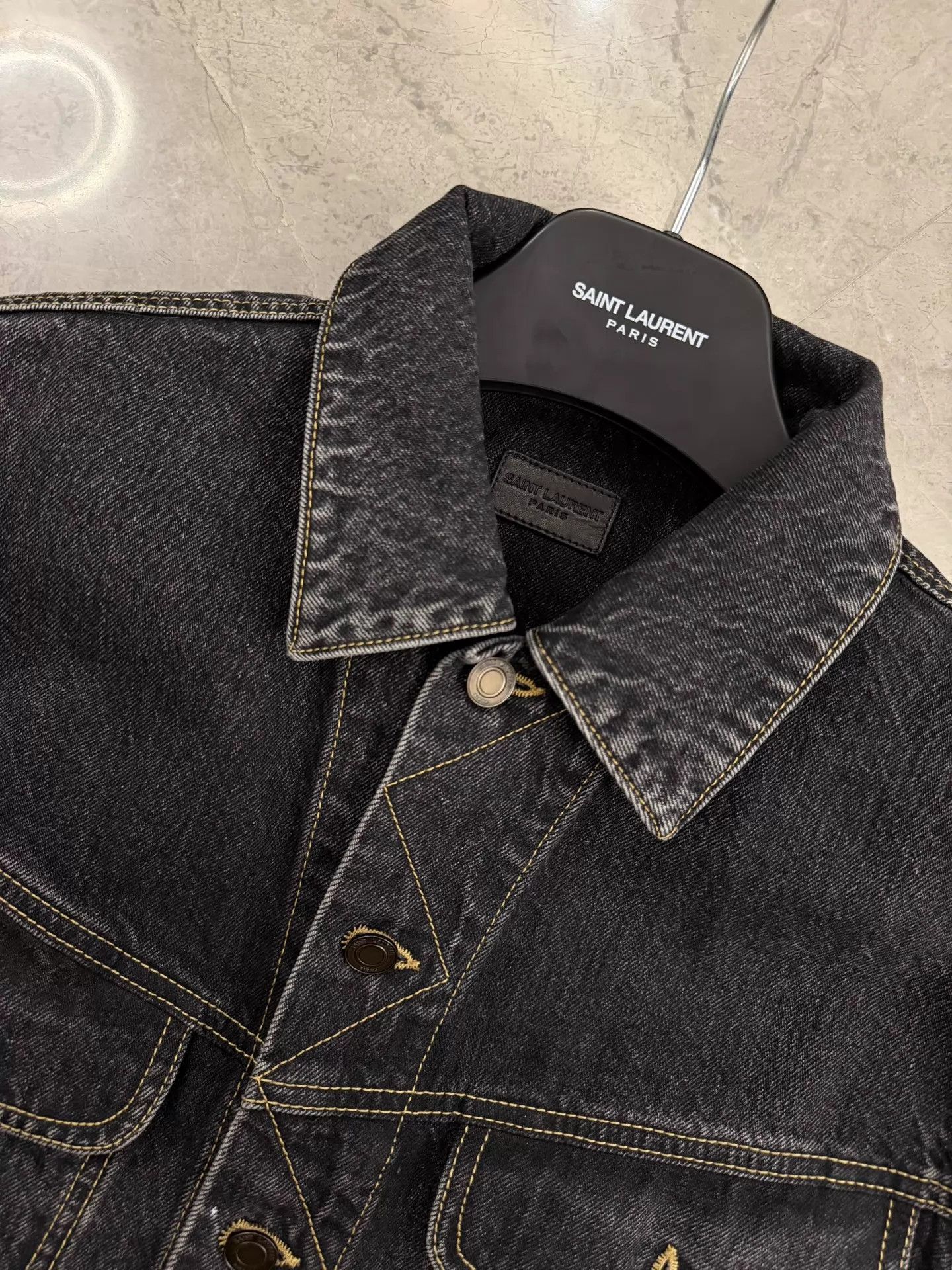Saint Laurent Paris SLP Black Washed Denim Yellow Stitch Jacket S Size US S / EU 44-46 / 1 - 8 Thumbnail