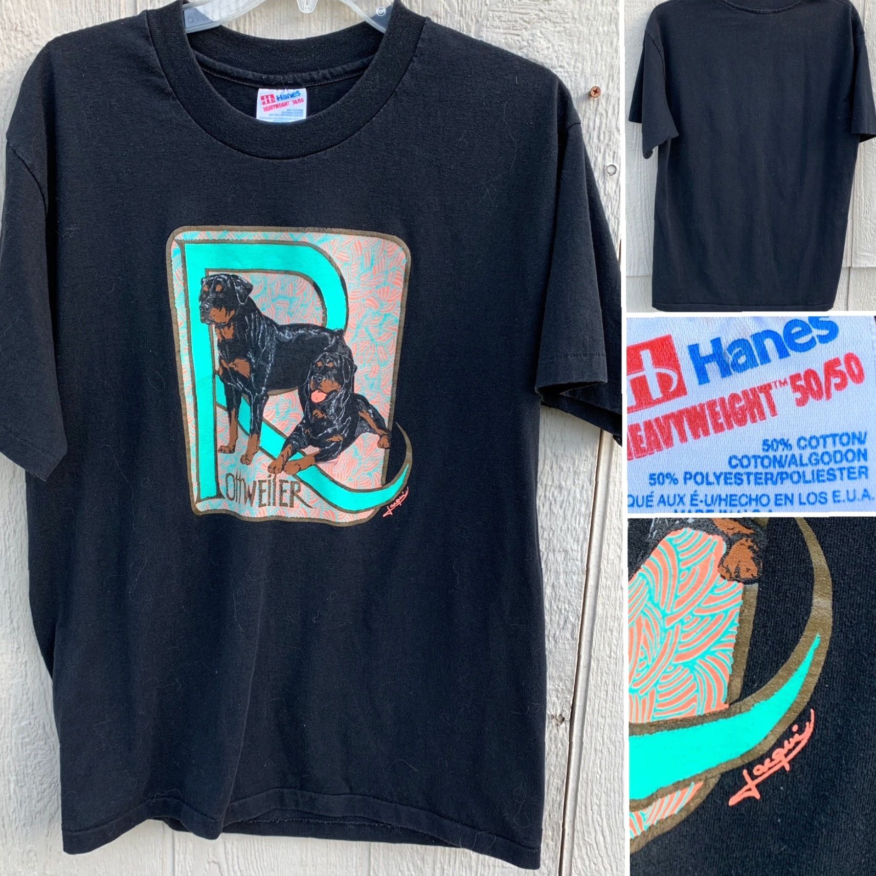 Cottweiler VINTAGE Rottweiler Dog T Shirt 90s 1990s Hanes Heavyweight 50/50 Mens L Black Short Sleeve Crew Neck Dog Graphic Print Clothing Size US L / EU 52-54 / 3 - 5 Thumbnail
