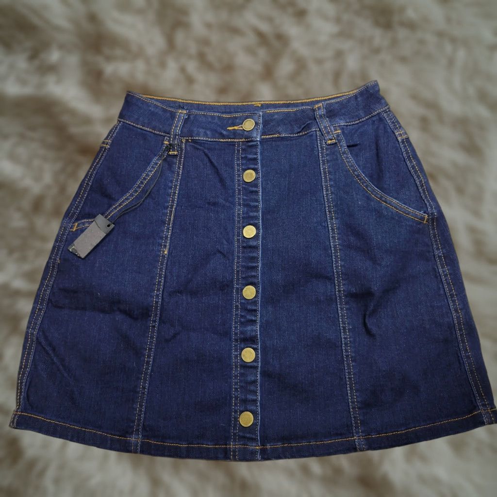 Vintage BLANKNYC Blue A-Line Skirt Snap Buttons Casual Cotton Rayon Size 27 NWT Womens Short Skirt Size 27" / US 4 / IT 40 - 1 Thumbnail