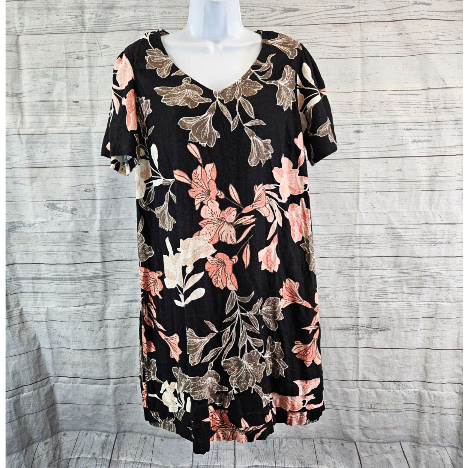 Nicole Miller Nicole Miller Womens Dress L Black Floral Short Sleeve Linen Blend Size 36" / US 14 / IT 50 - 2 Thumbnail