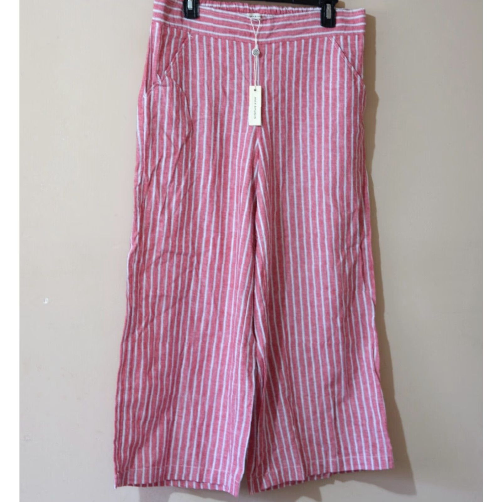 Vintage NWT! Max Studio Linen Blend Crop Pants Wide-Leg Red/White Women's L Pants Cropped Wide-Leg Cotton Linen Red/White Women L Size 36" / US 14 / IT 50 - 2 Thumbnail