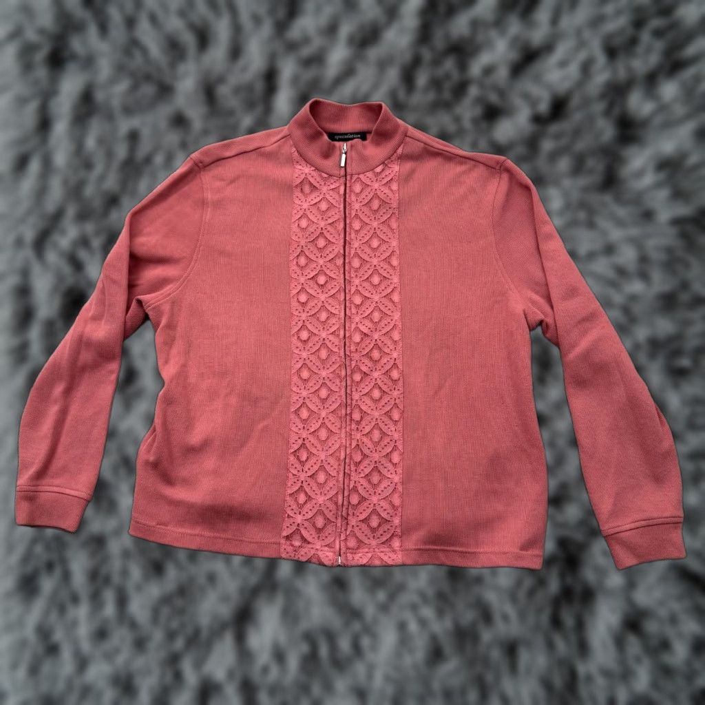 Cottagecore Sweater Womens XL Full Zip Lace Overlay Mock Neck Pink 60% Cotton 40% Polyester Preppy Womens Size XL