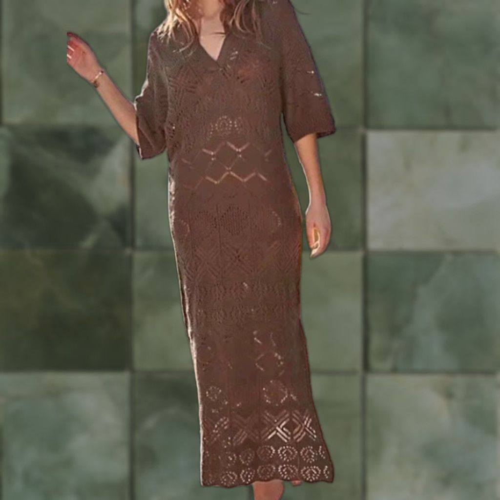 VINTAGE Free People Beach Islamorada Maxi Crochet Dress Women Large Brown  Cotton Summer