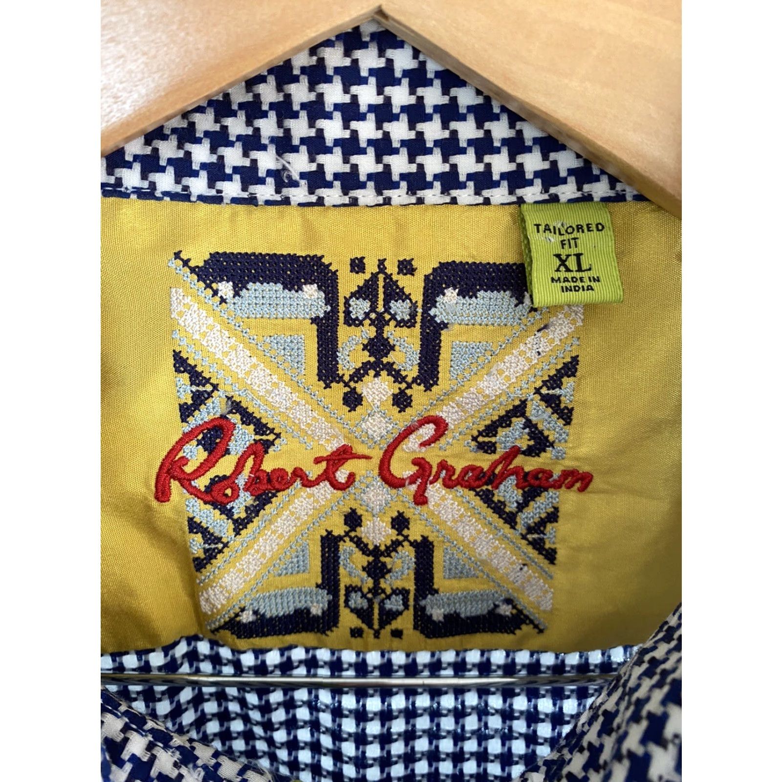 Robert Graham VINTAGE Robert Graham Button-Up Dress Shirt Mens Large L Blue White Houndstooth Check Size 42R - 4 Thumbnail