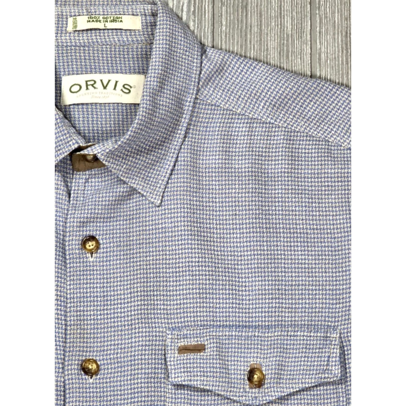 Orvis VINTAGE Orvis Button-Up Shirt Mens L Blue Beige Houndstooth Flannel Long Sleeve Plaid Button-Front Casual Workwear Size US L / EU 52-54 / 3 - 3 Thumbnail