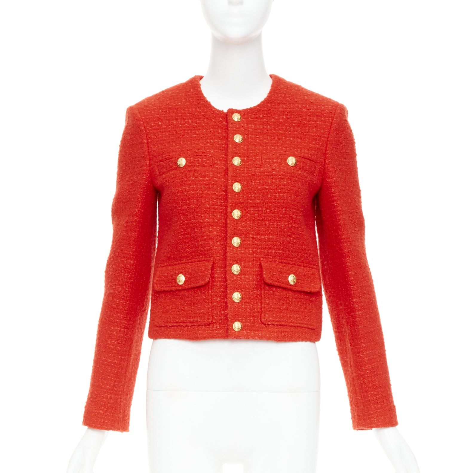 Celine CELINE Chasseur red wool linen tweed gold buttons cropped jacket FR34 XS Size XS / US 0-2 / IT 36-38 - 1 Thumbnail