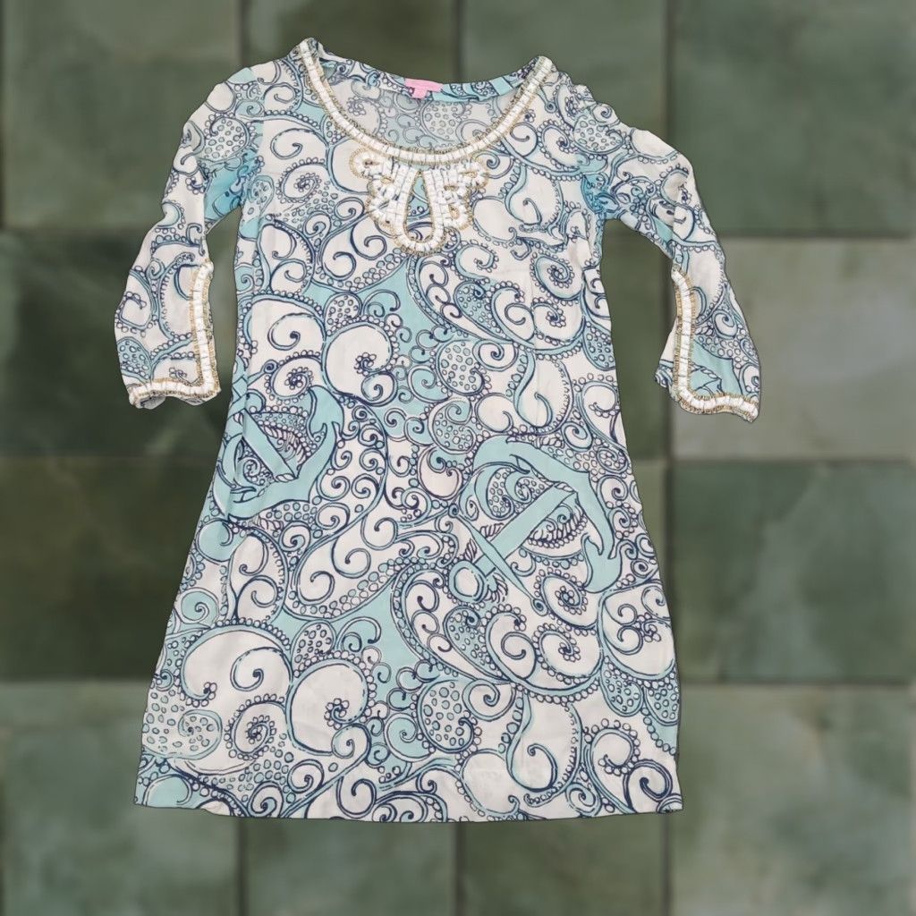 Lilly Pulitzer Womens Small Blue White 3/4 Sleeve Beaded Short Tunic Dress