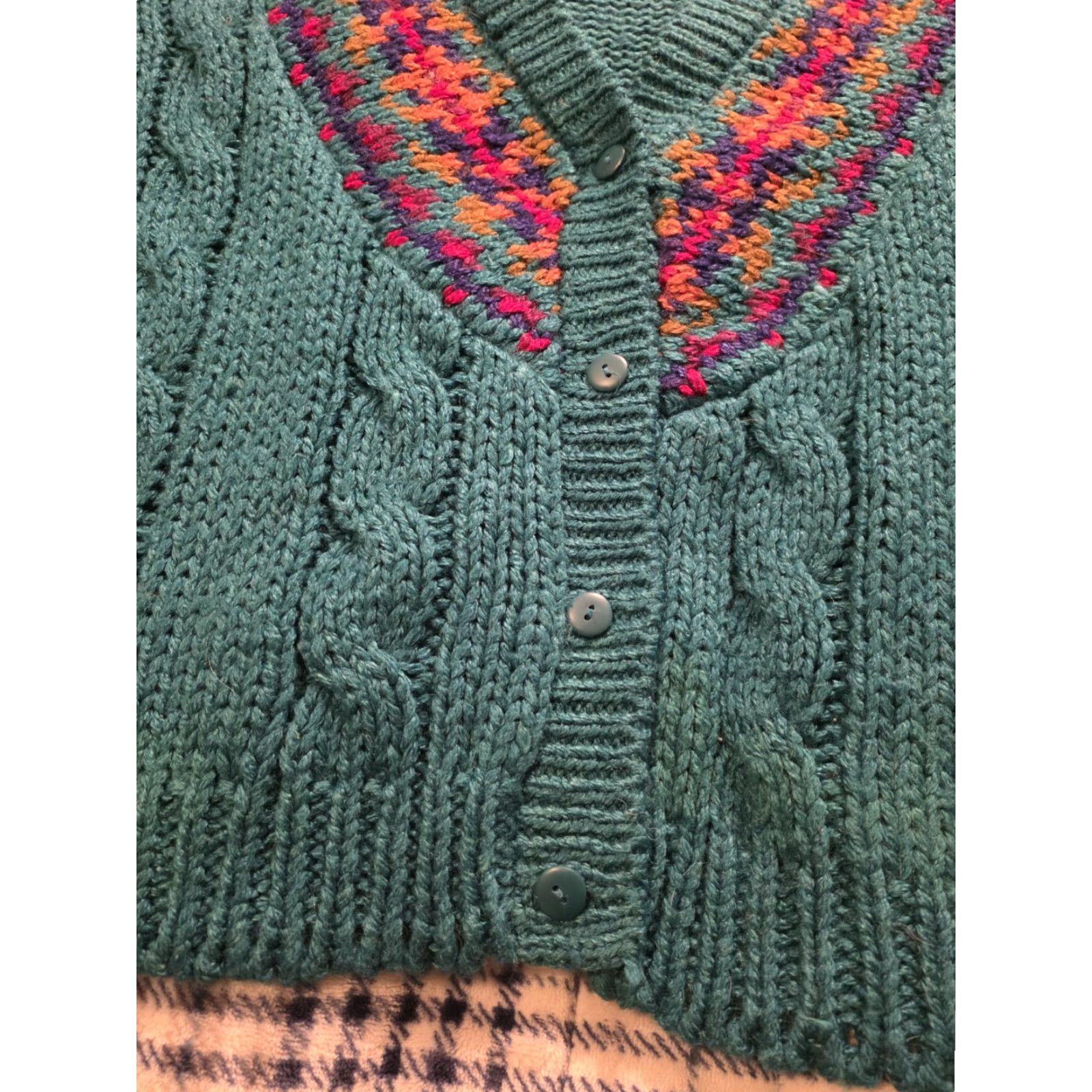 Vintage VINTAGE Jamie Scott Cardigan Sweater Women S Turquoise Geometric Cable-Knit V-Neck Oversized 80s 90s Bohemian Classic Seasonals Size S / US 4 / IT 40 - 4 Thumbnail