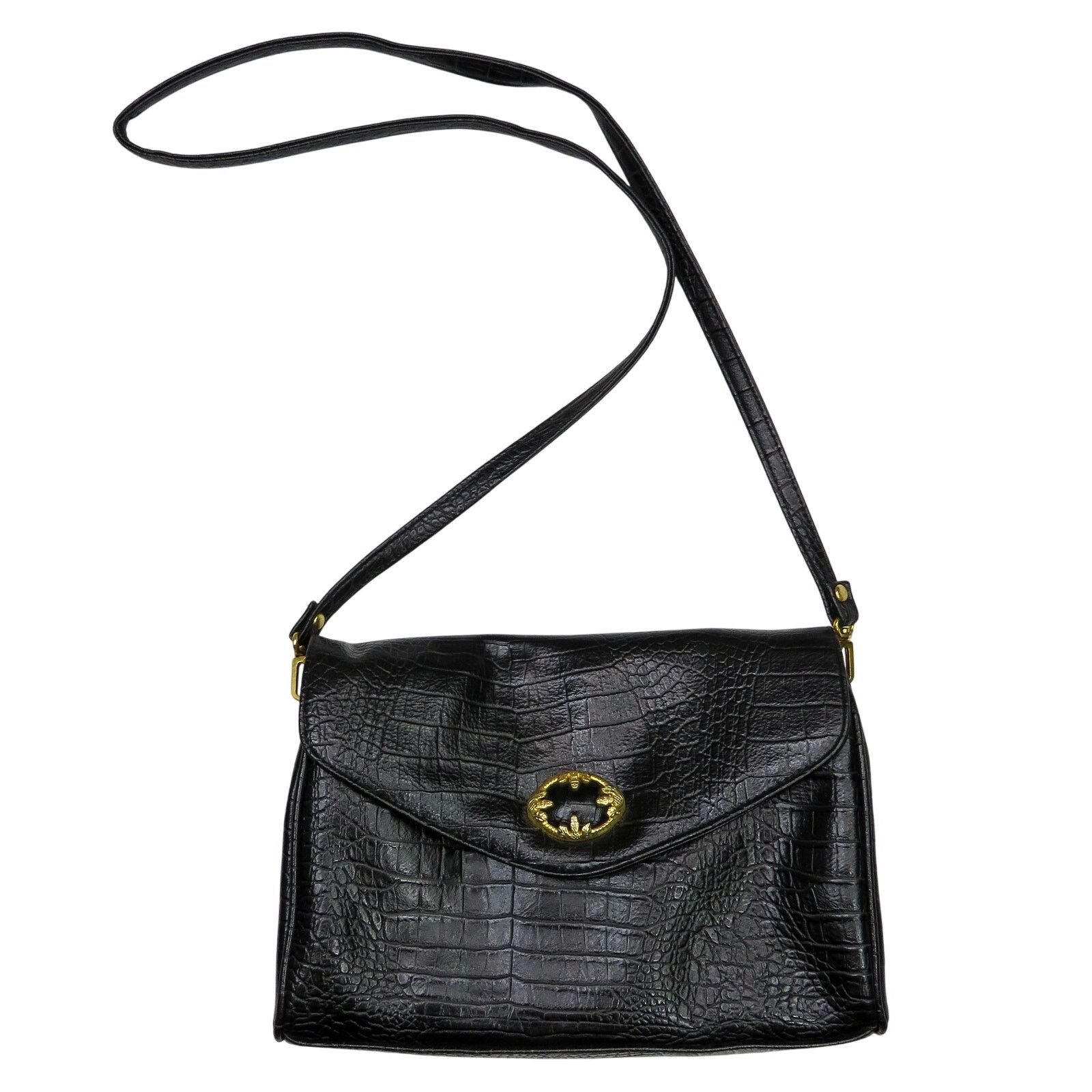 1970S Vintage Black Croc Leather Crossbody Bag Gold Stone, Women's