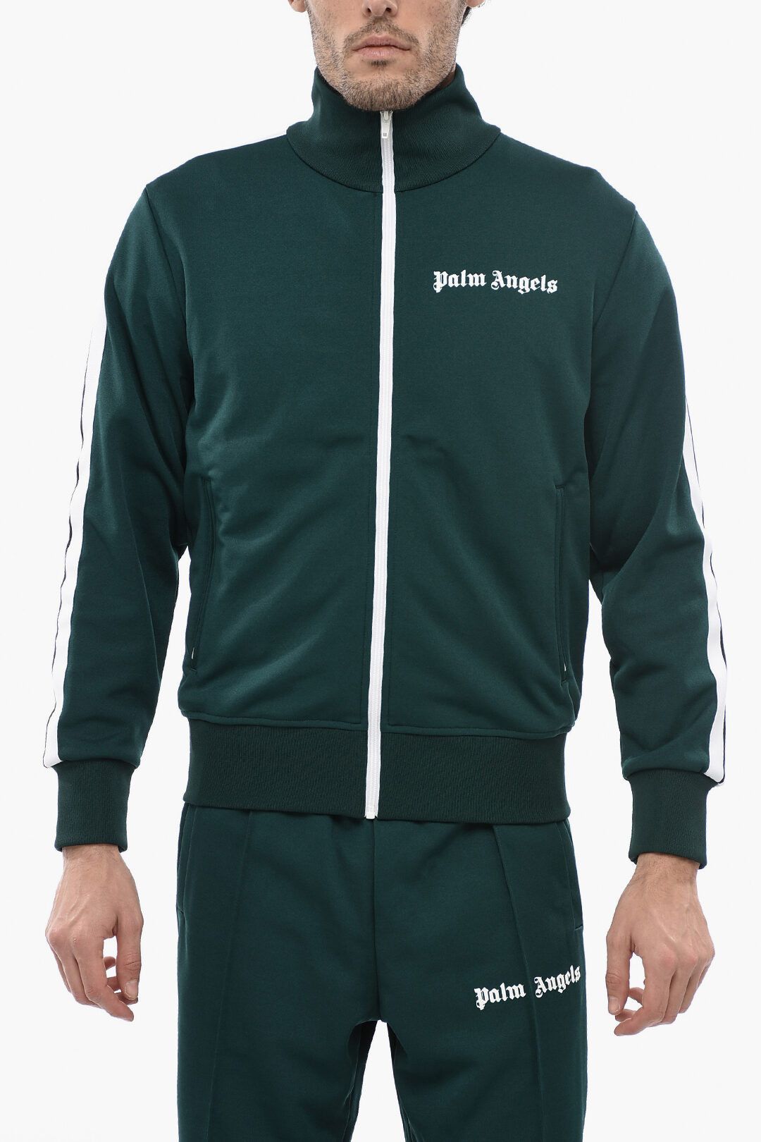 image of Palm Angels Og1Mm0524 Slid Color Track Sweatshirt In Green, Men's (Size 2XS)