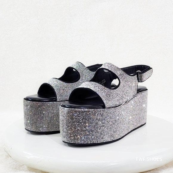 Other Oh Yeah Black 3" Platform Sparkling Iridescent Rhinestone Fl Size US 8 / IT 38 - 6 Thumbnail
