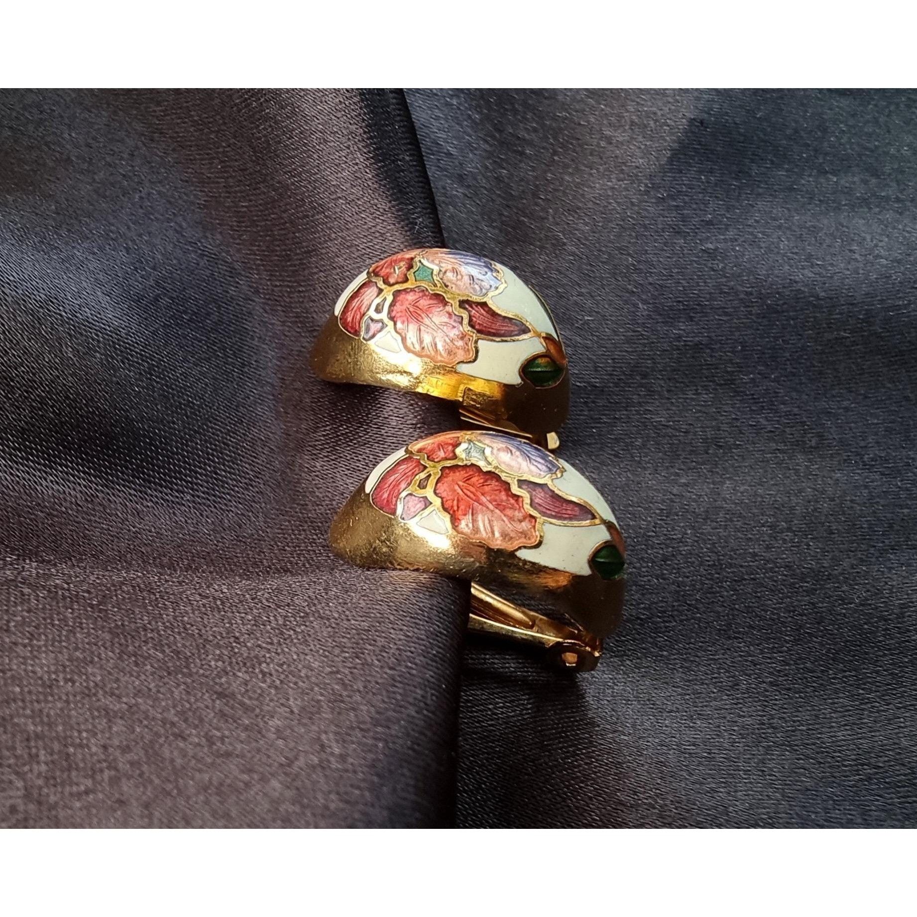 Vintage Vintage Flowers Earrings Cloisonne Clip-On Gold Tone Size ONE SIZE - 4 Thumbnail
