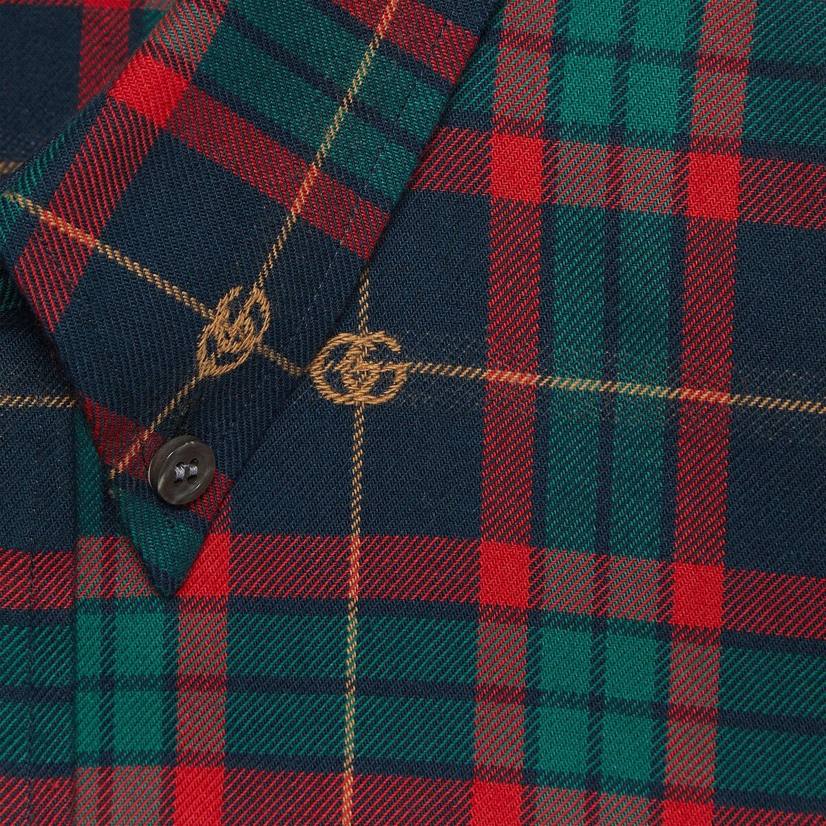 46 S Gucci Tartan GG Plaid Long Sleeve Shirt Green Blue