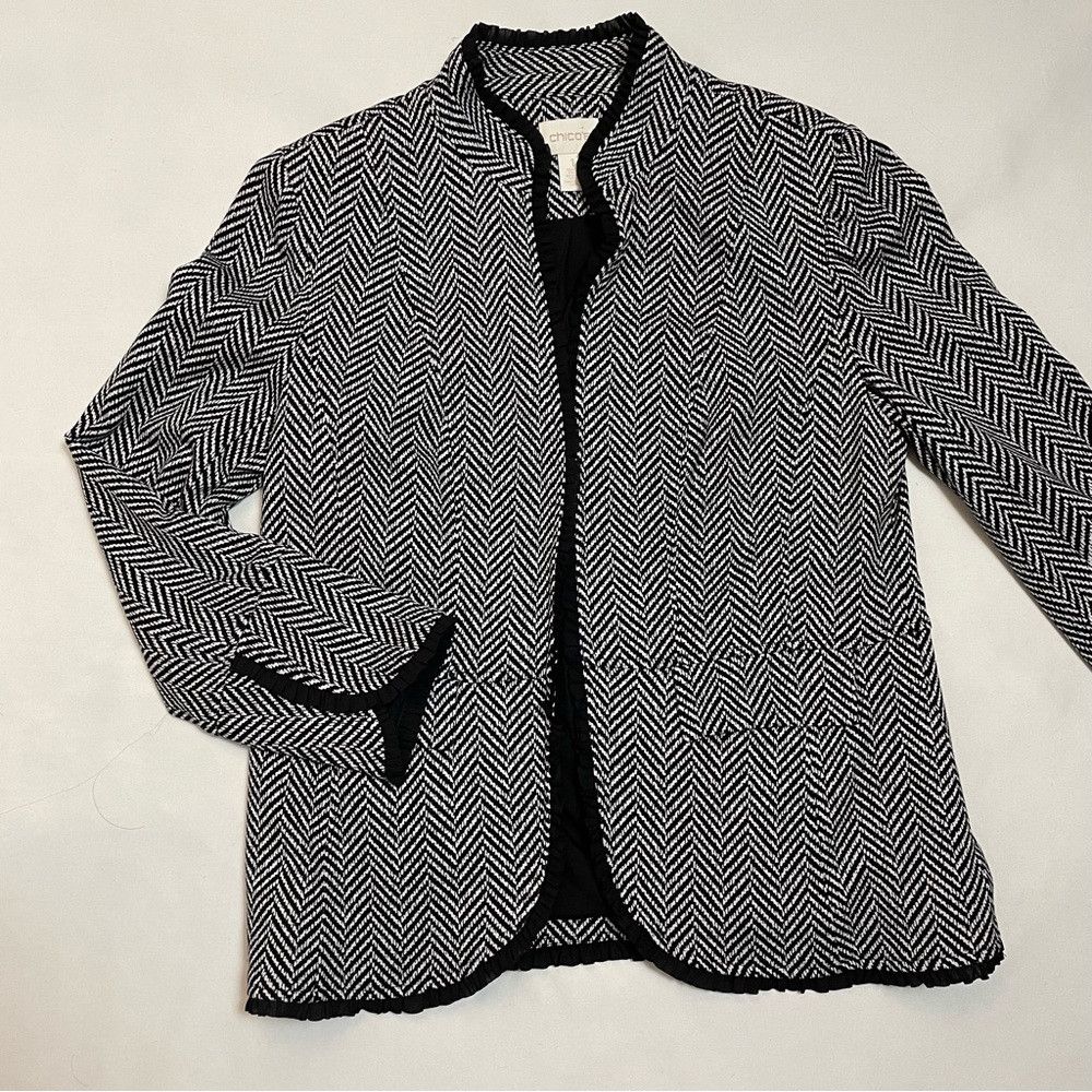 Chicos New Chico’s Chevron Blazer Jacket With Black Ruffle Trim Si Size M / US 6-8 / IT 42-44 - 5 Thumbnail