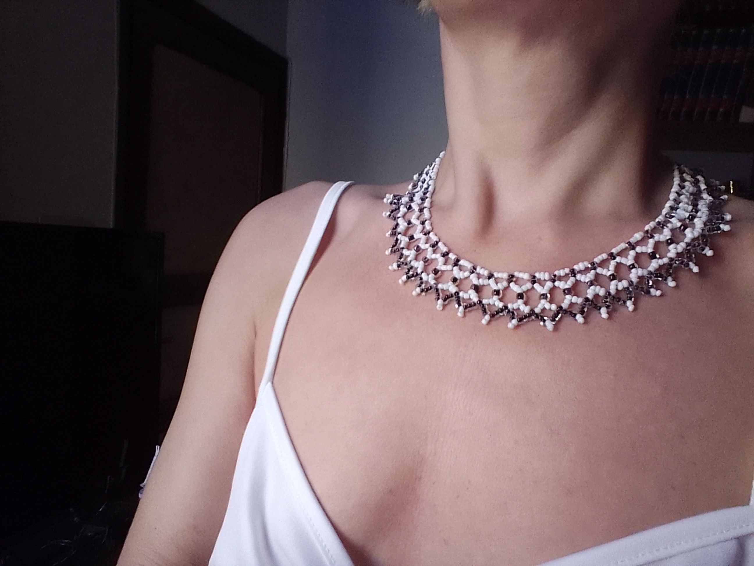 Handmade Necklace Black/White Embroidered Netted Elegant Size ONE SIZE - 2 Thumbnail