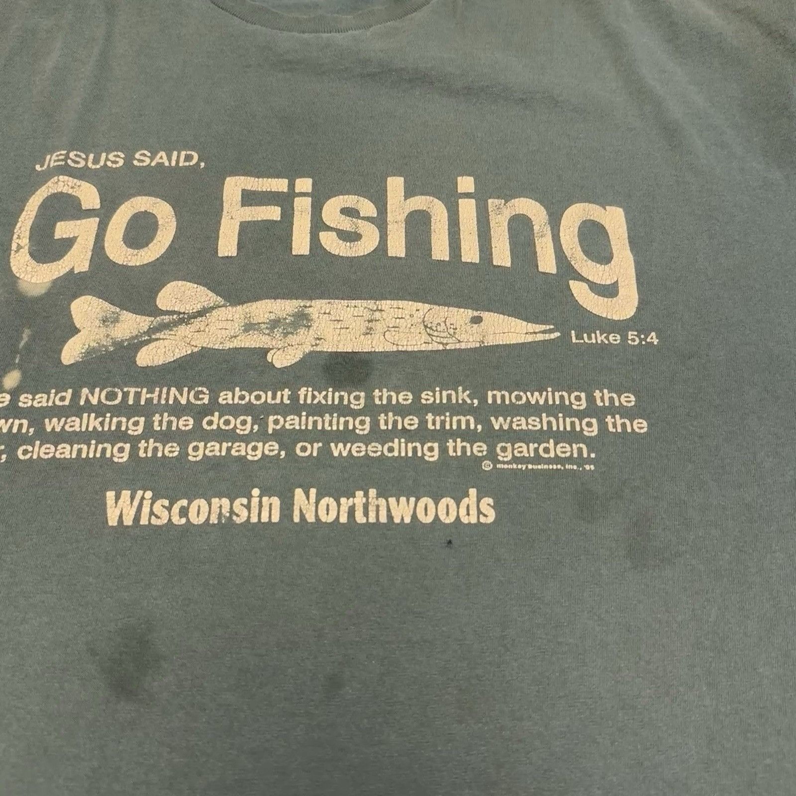 Vintage Vintage Go Fishing Jesus Luke 5:4 T Shirt Mens 2XL 25x27 Size US XXL / EU 58 / 5 - 6 Thumbnail
