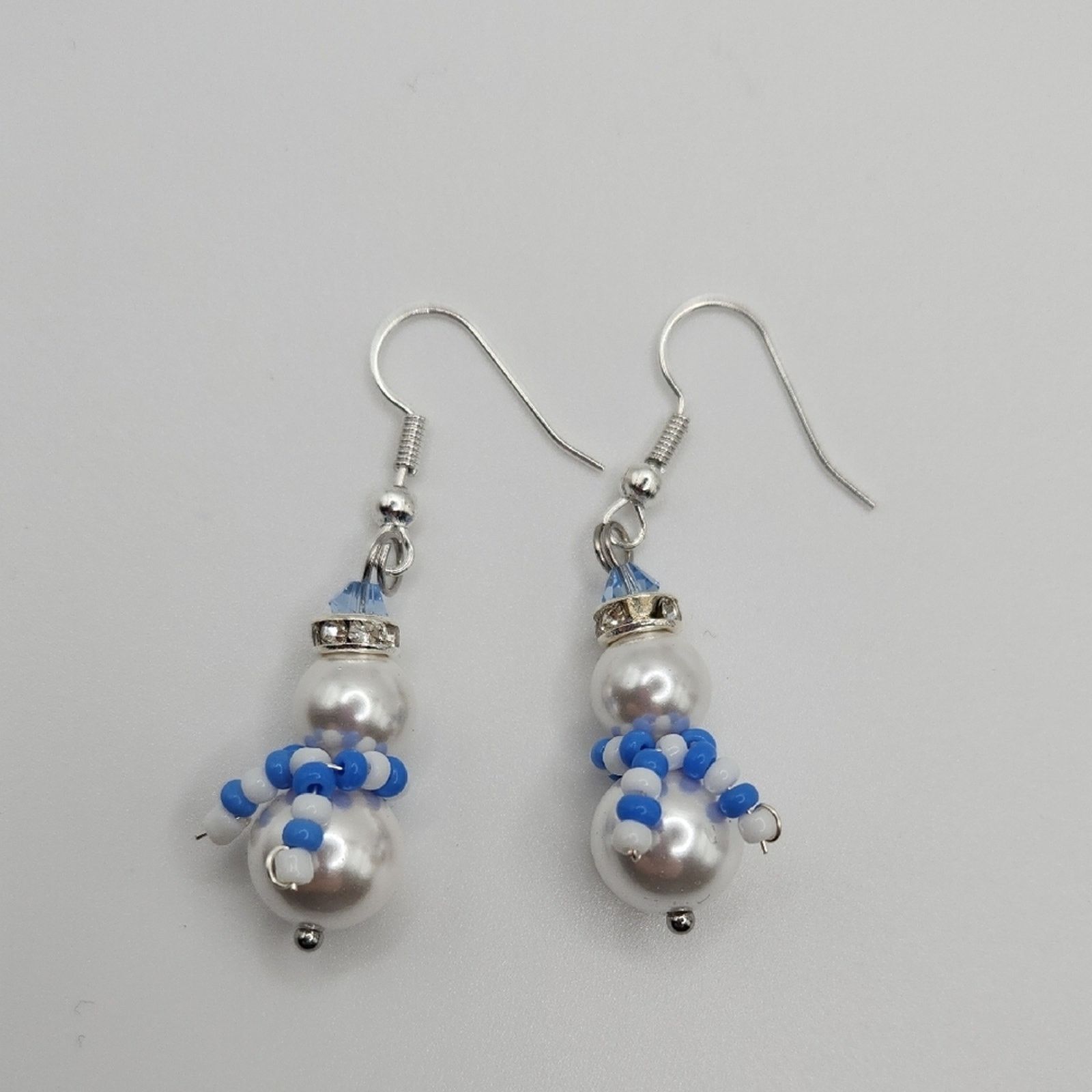 Other White and Blue Beaded Snowman Earrings Handmade Crystal Size ONE SIZE - 3 Thumbnail