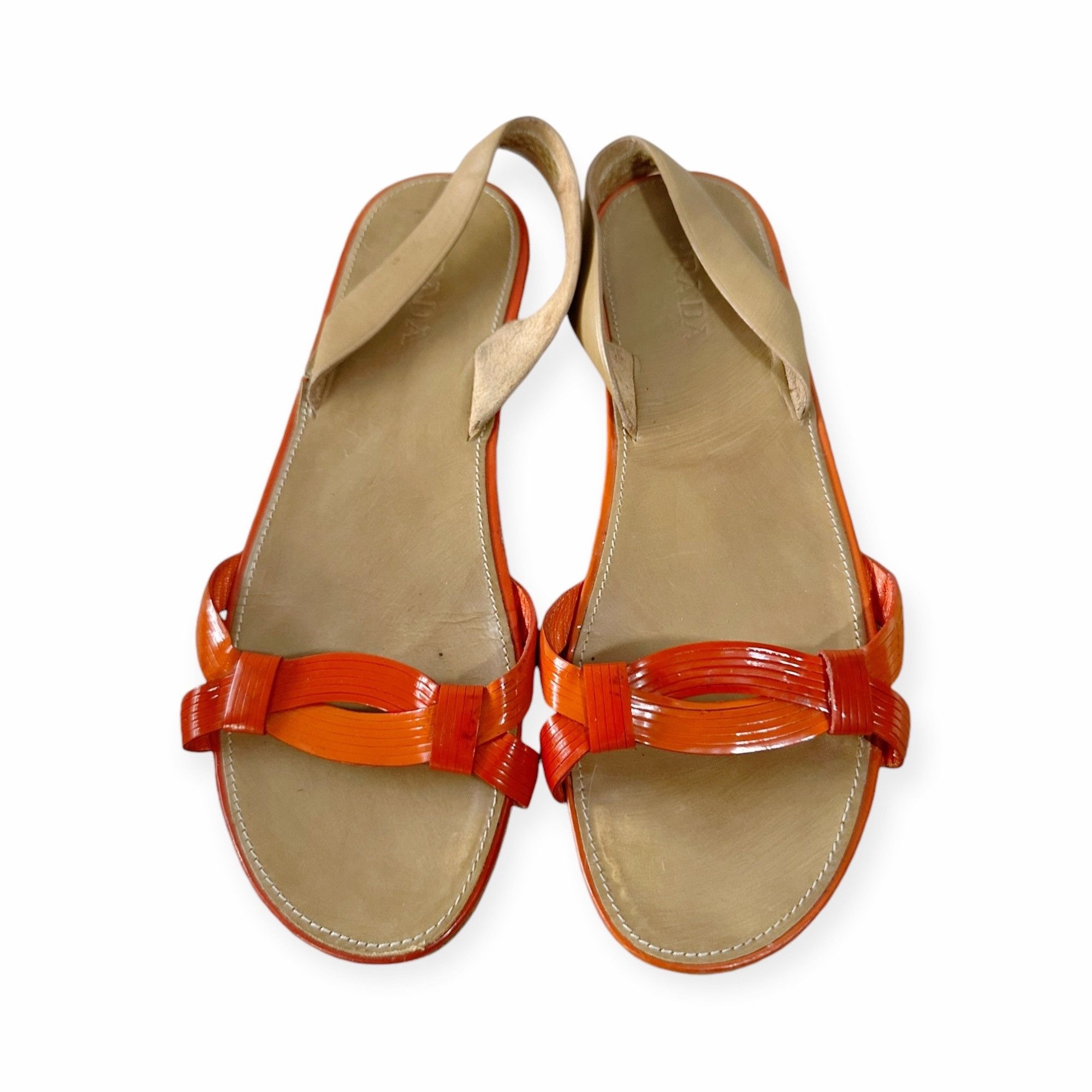 Prada Prada Flat Sling Back Sandal, Orange Patent, Size 38.5 EU Size US 8.5 / IT 38.5 - 11 Thumbnail