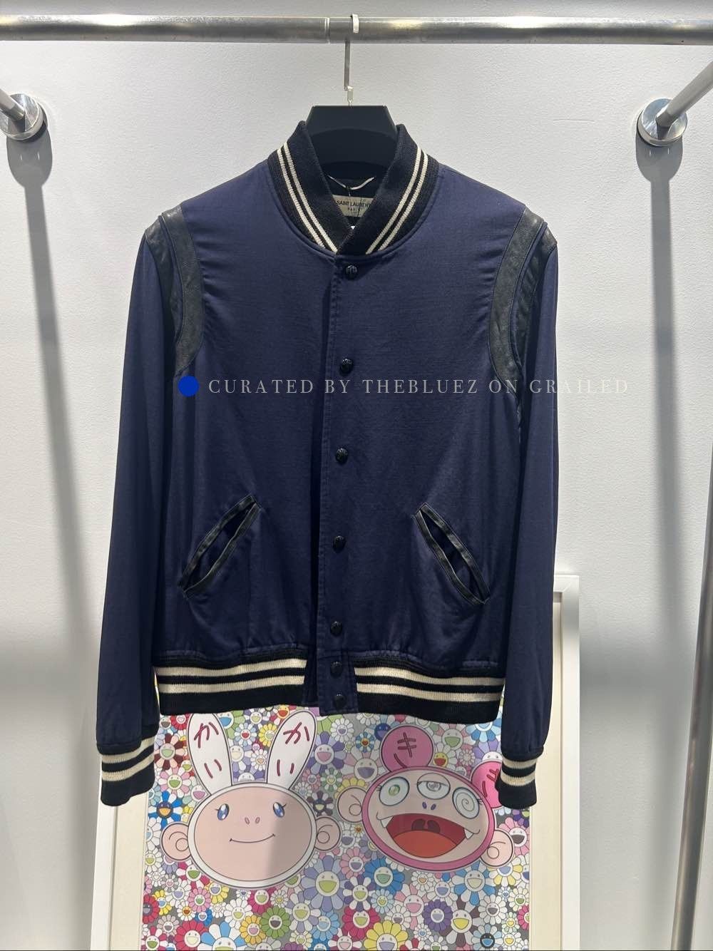 Saint Laurent Paris Blue Bomber Jacket with Leather Sleeves Size L Size US L / EU 52-54 / 3 - 1 Thumbnail