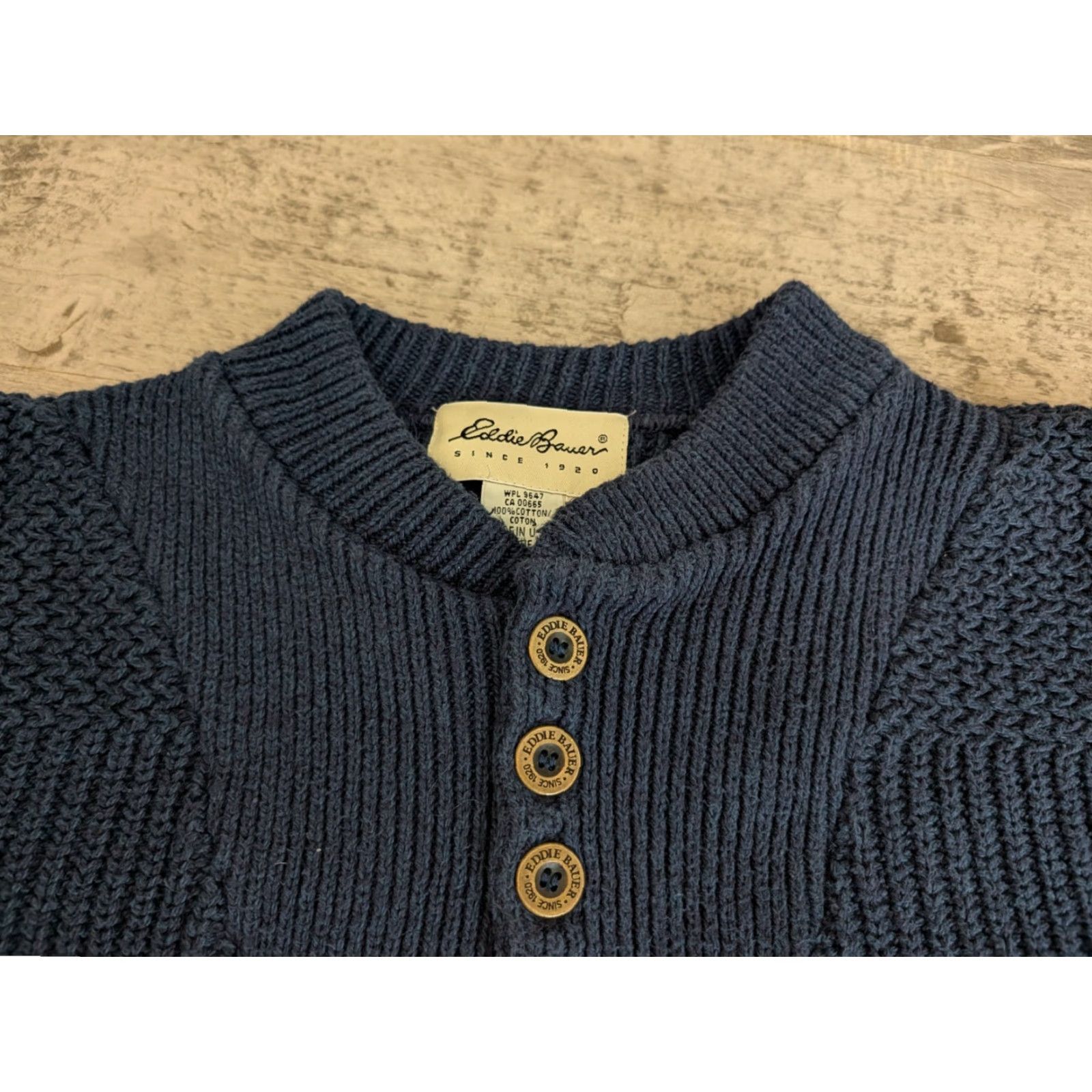Eddie Bauer Vtg Eddie Bauer Sweater Mens L Blue Knit Fisherman Ribbed Henley USA Made EUC Size US L / EU 52-54 / 3 - 7 Thumbnail