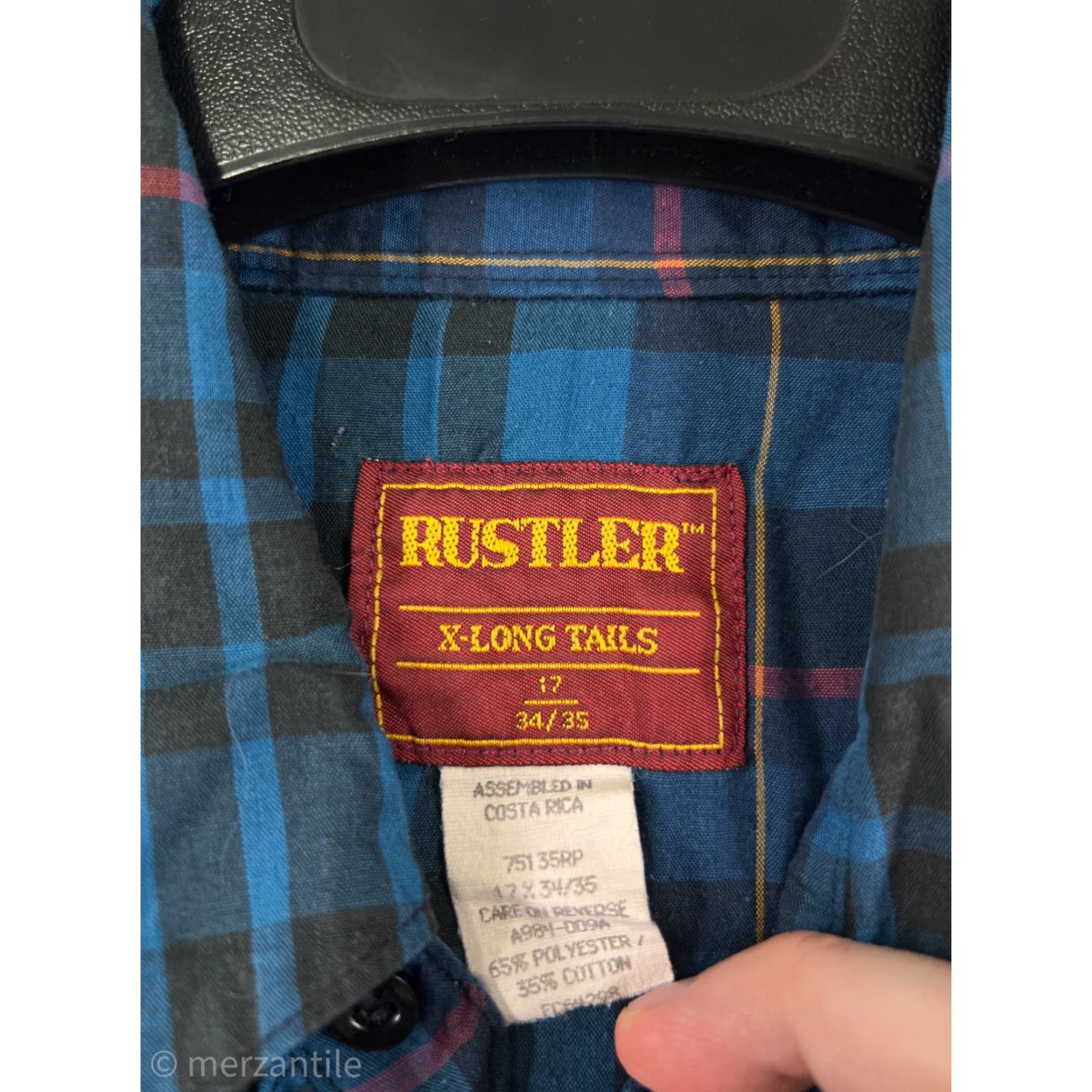 Vintage Rustler Mens Blue Plaid Long Sleeve Button-Up Shirt - X-Long Tail, Pearl Snaps, Western Cowboy, Cotton Blend, 40in Chest, Regular Fit Size US XL / EU 56 / 4 - 3 Thumbnail