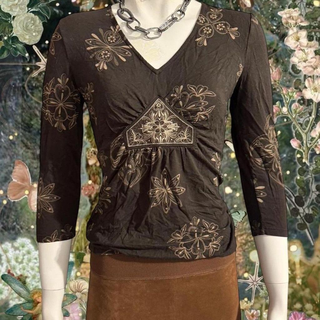 Ann Taylor Y2K Fairy Boho whimsigoth Babydoll Brown floral top Size S / US 4 / IT 40 - 2 Thumbnail