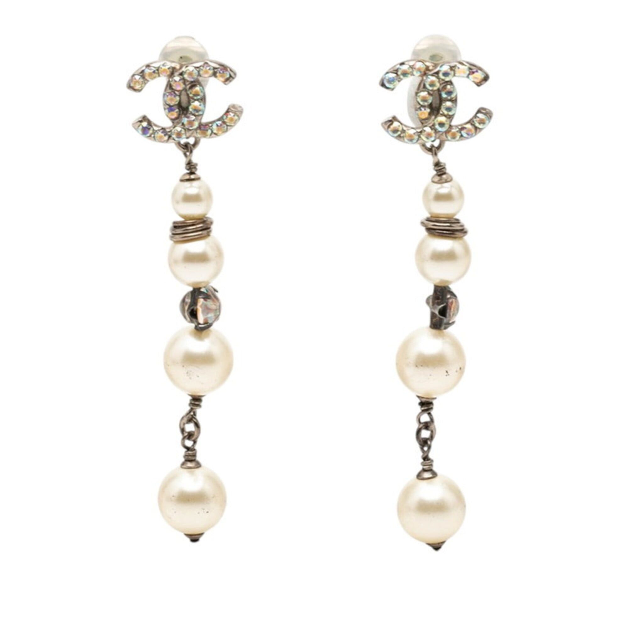 Chanel Chanel Coco Mark 4-strand Pearl Earrings, 17K Stamped, Silver Metal, Faux Rhinestones, Women's CHANEL Size ONE SIZE - 1 Thumbnail