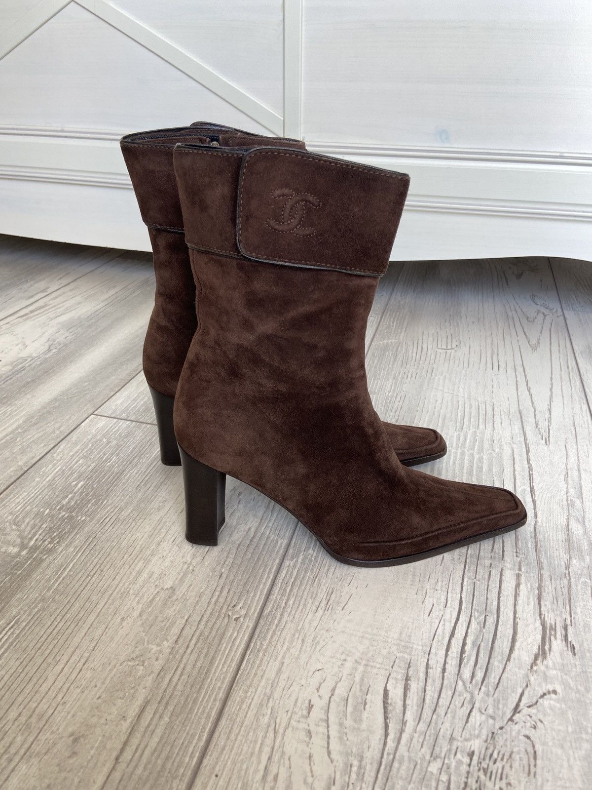 Chanel Brown Suede Pull-On Ankle Block Heel Shoes Boots, Women's (Size 8)