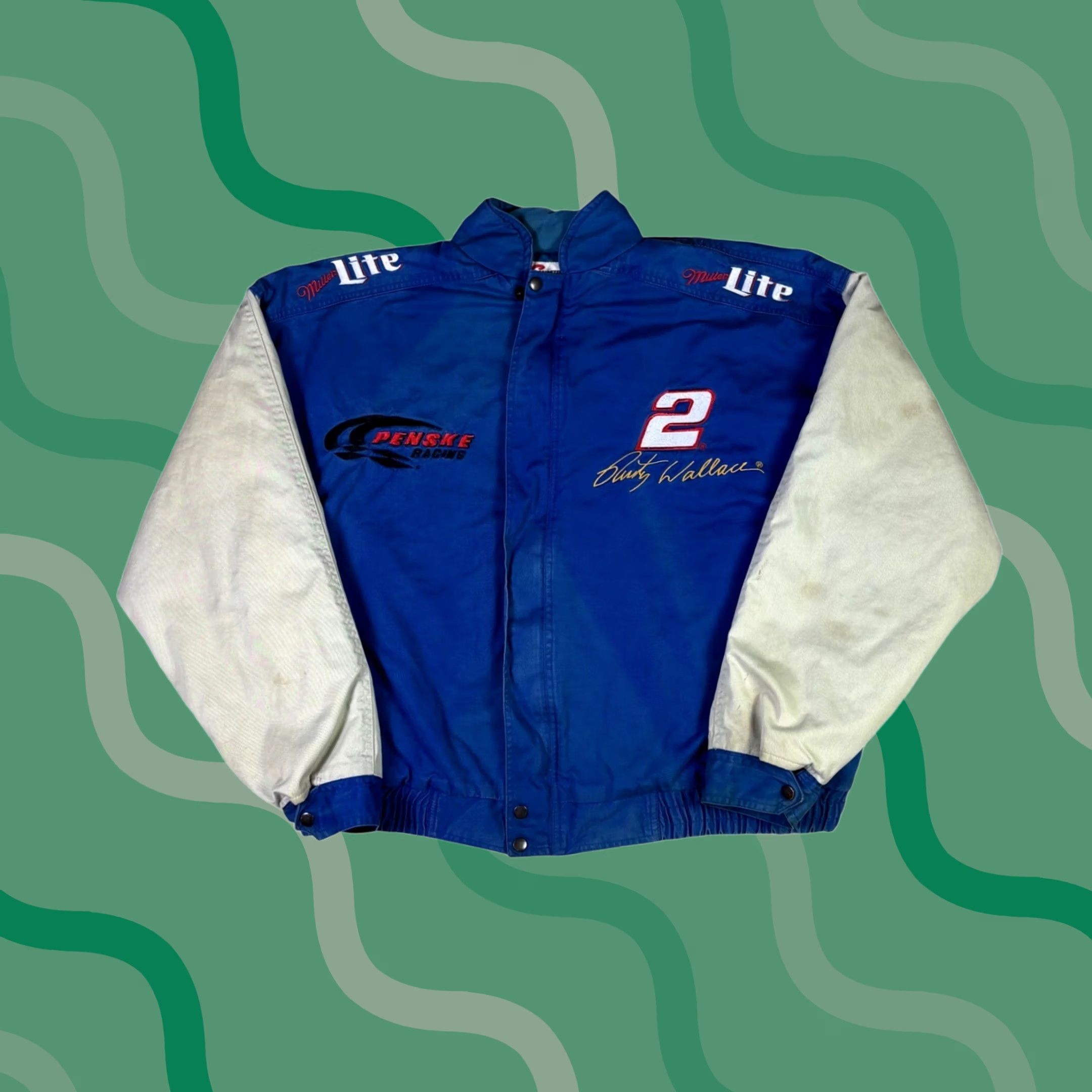 Rusty VINTAGE Rusty Wallace Miller Lite NASCAR Racing Jacket Penske Racing Blue XL Bomber Jacket Men Size US XL / EU 56 / 4 - 1 Thumbnail