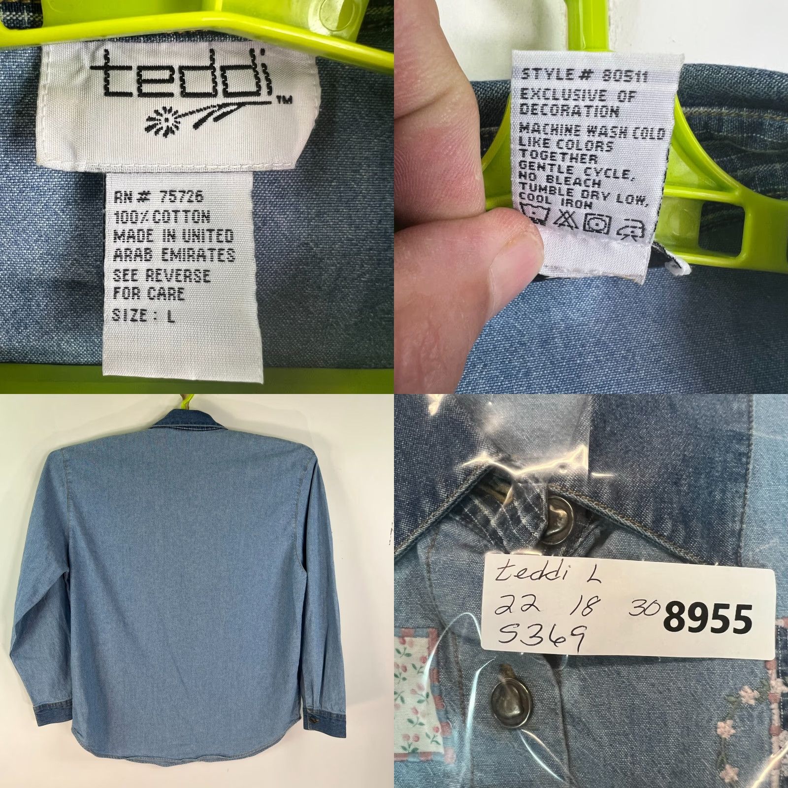 Denime VINTAGE Teddi Denim Floral Embroidered Shirt Womens Size L Blue - 100% Cotton, Button-Up, Long Sleeve Size L / US 10 / IT 46 - 8 Thumbnail