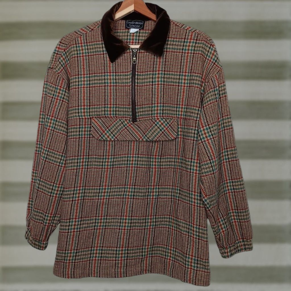 Vintage VINTAGE Carol Little Jacket M Wool Blnd Pullover Brown Plaid Academia 1/4 Zip Mens? Size M / US 6-8 / IT 42-44 - 1 Thumbnail