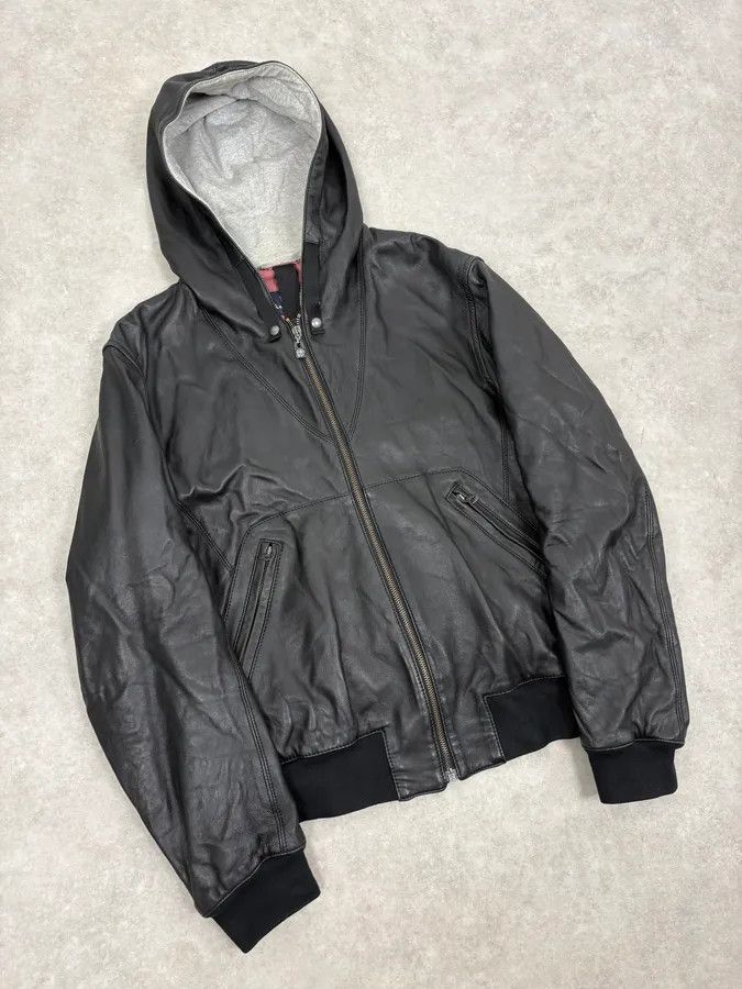Armani 2000s Armani Black Hooded Bomber Leather Jacket Size US M / EU 48-50 / 2 - 4 Thumbnail