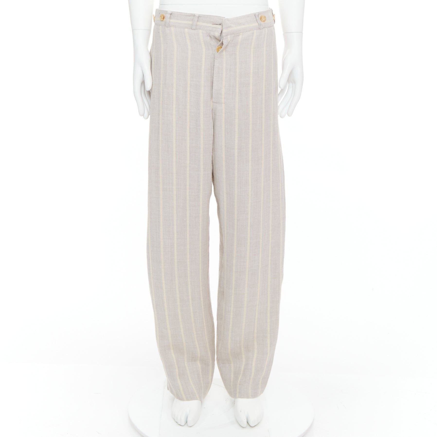 Yohji Yamamoto YOHJI YAMAMOTO grey yellow striped rayon linen button waist wide pants M Size US 30 / EU 46 - 1 Thumbnail