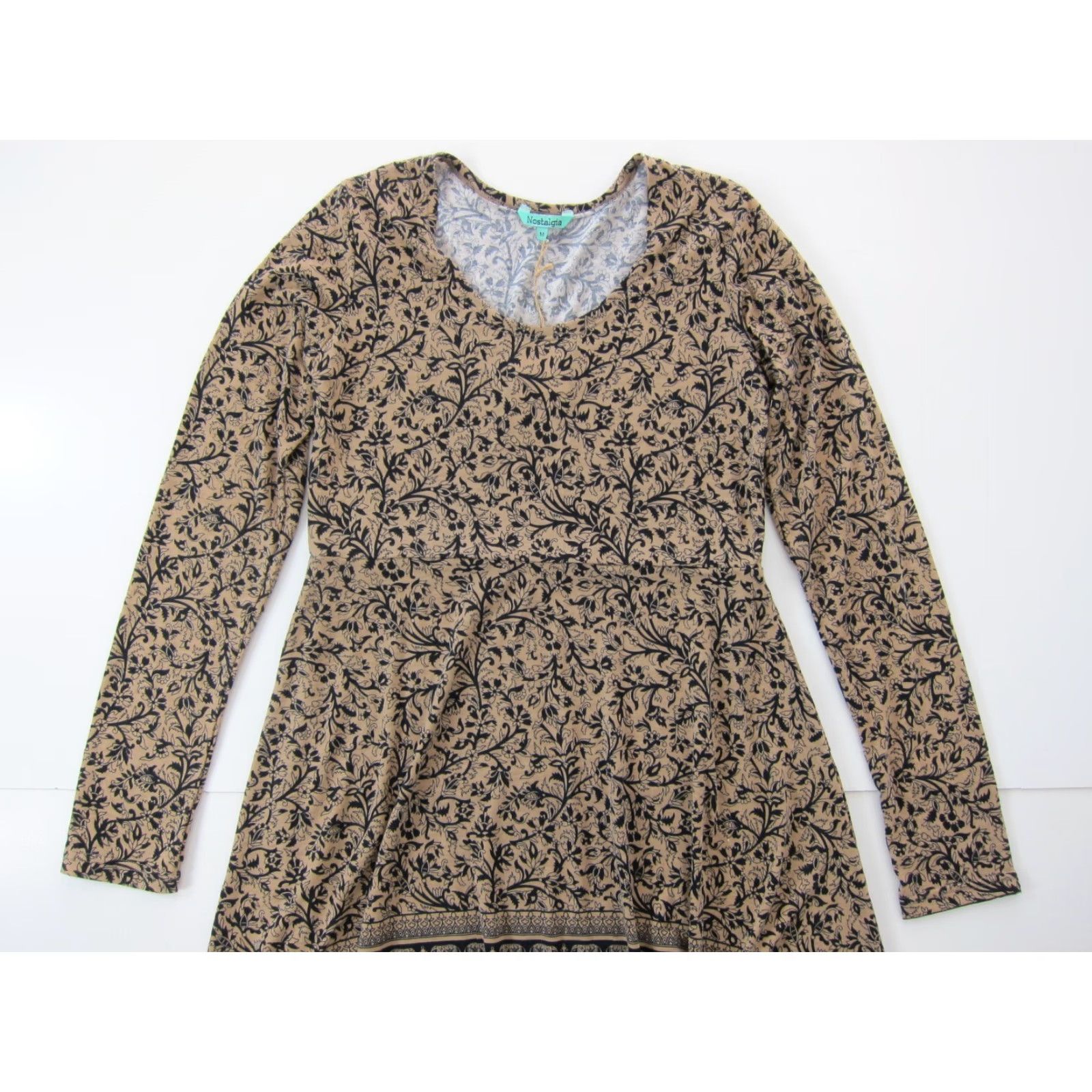 Vintage NWT Nostalgia Floral Stretch Long Sleeve Tunic Dress Brown Pattern Women's Medium Size M / US 6-8 / IT 42-44 - 5 Thumbnail