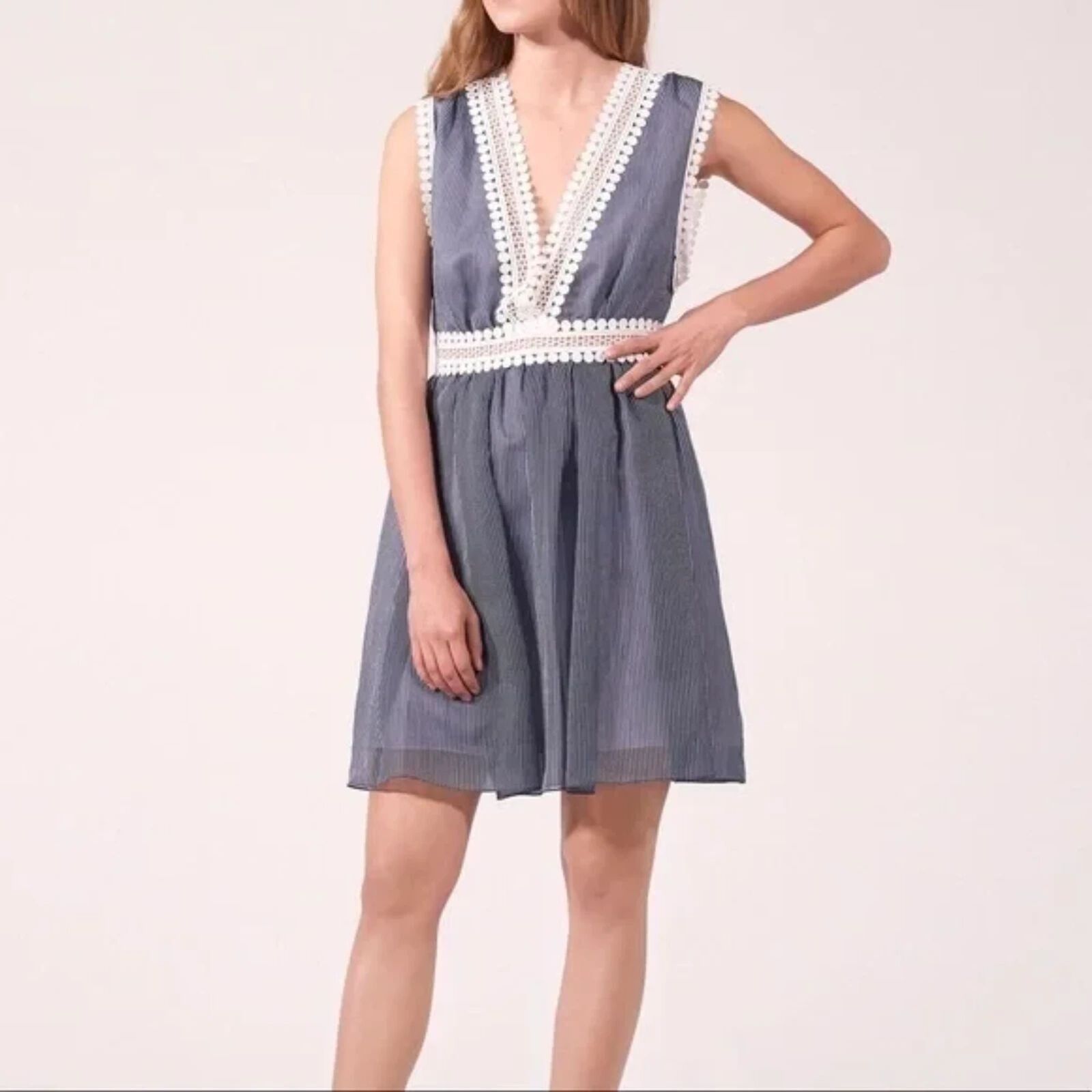 Sandro Sandro Lace-Trim Blue & White Mini Dress M EUC, no flaws Size S / US 4 / IT 40 - 1 Thumbnail