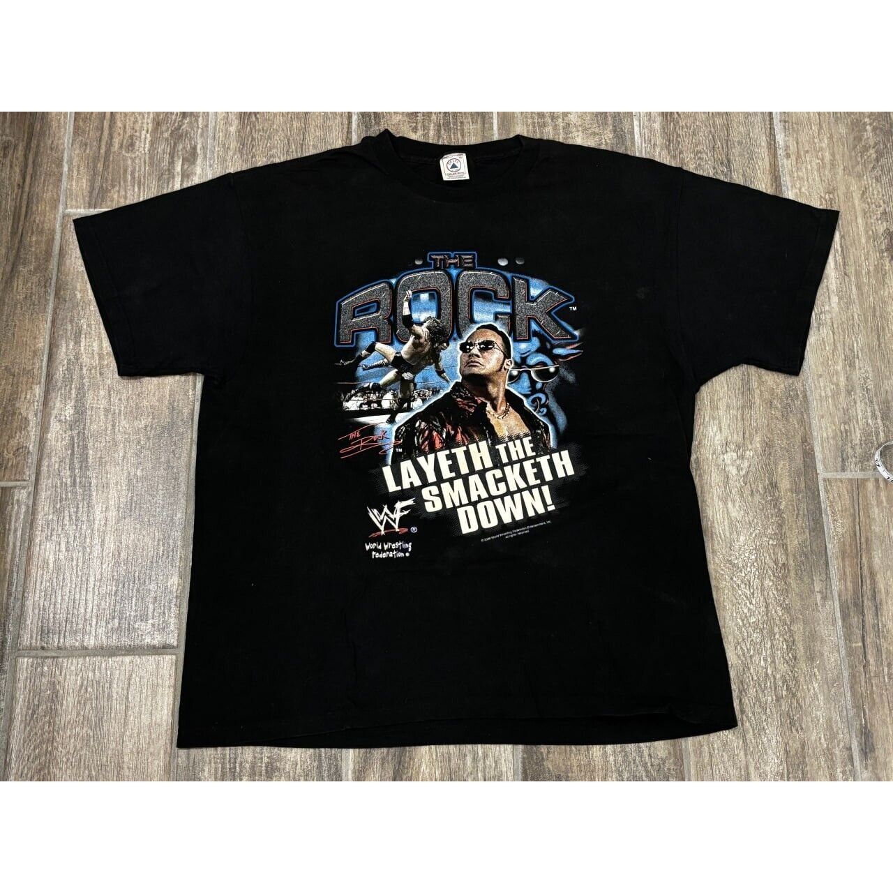 image of Delta Vintage 2001 The Rock Rap Tee Wwf Layin The Smack Down Shirt in Black, Men's (Size XL)