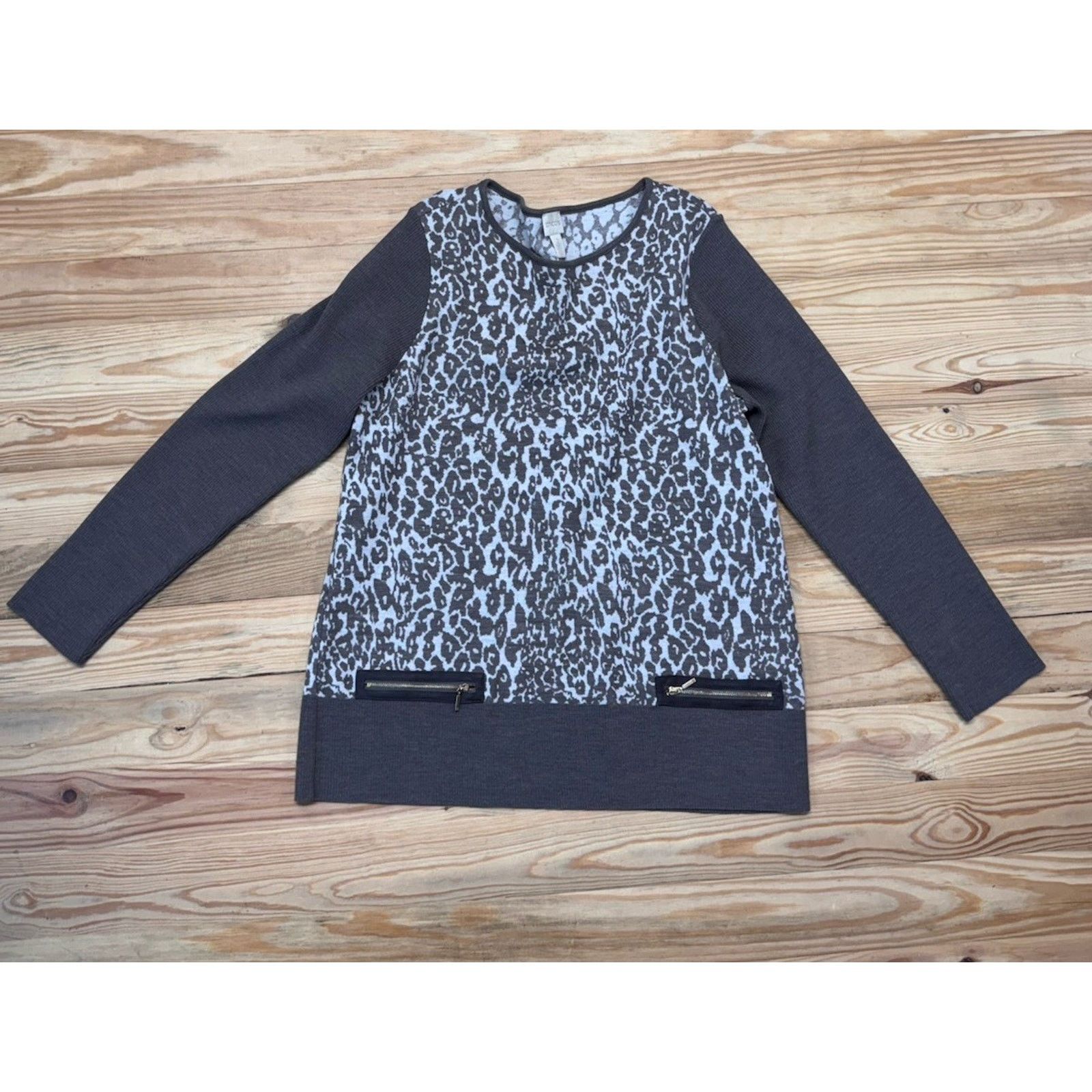 Chicos Chico's Womens Taupe Leopard Zip Pocket Sweater Size 2/L Size L / US 10 / IT 46 - 4 Thumbnail