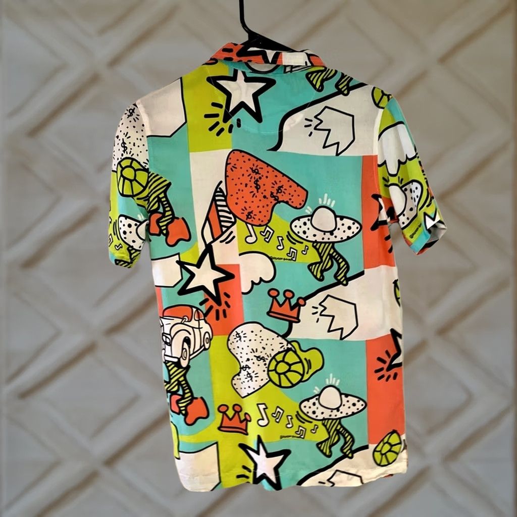 Reason Reason Music Pop Culture Short Sleeve Button Down Shirt White Neon Blue Green S Mens Size US S / EU 44-46 / 1 - 1 Thumbnail