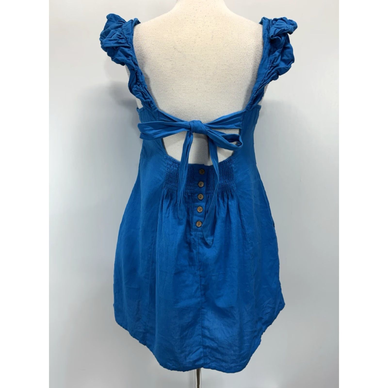 FREE PEOPLE Mini Dress Women's Medium Blue Cutout Linen Sleeveless Casual
