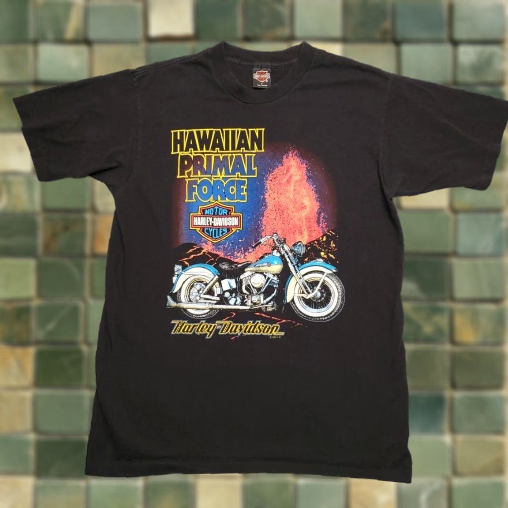 Harley Davidson VINTAGE Harley-Davidson Shirt Mens L Kona Hawaii Primal Force Single Stitch Made in USA Short Sleeve Crew Neck Cotton Solid Black 90s Mens Size US L / EU 52-54 / 3 - 1 Thumbnail