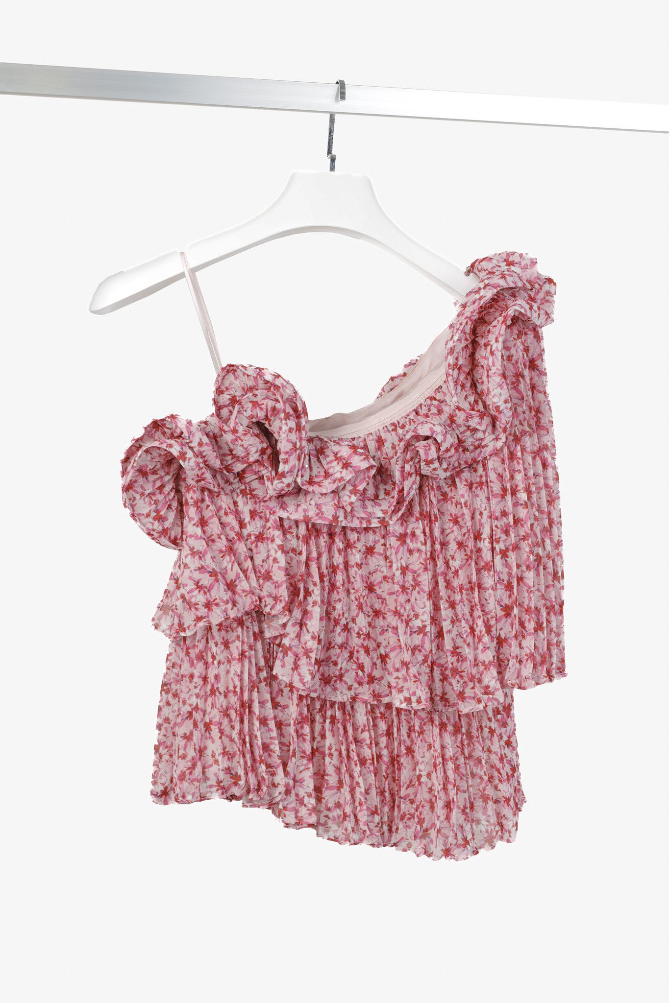Amur Amur Portia Pink Floral Pleated Tiered One-Shoulder Top Size S / US 4 / IT 40 - 2 Thumbnail