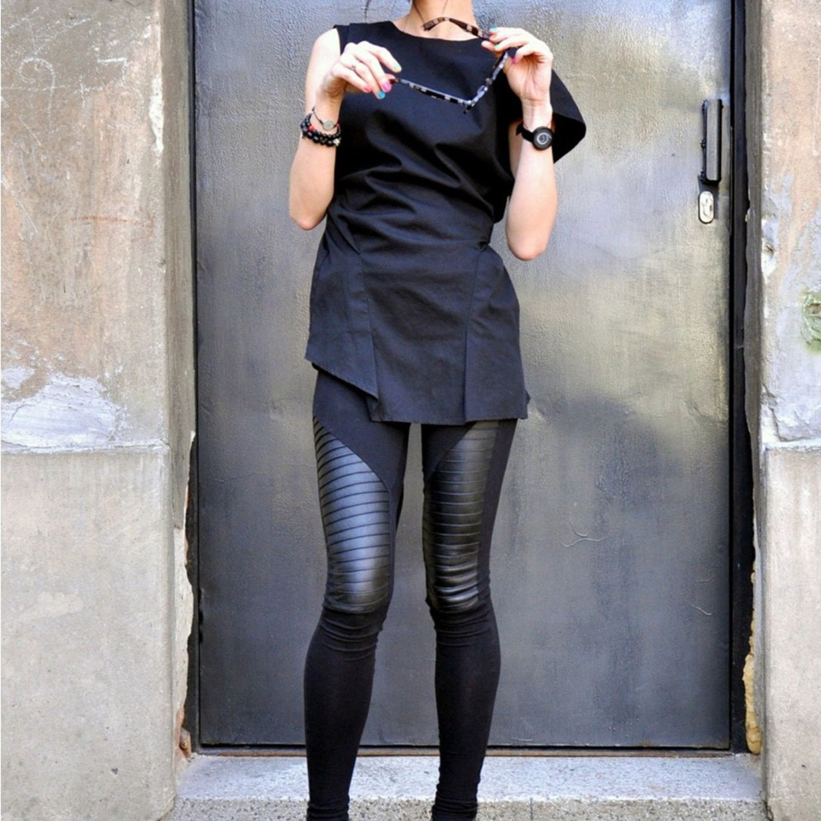 Handmade Black Leather Moto Leggings Size 29" - 2 Thumbnail