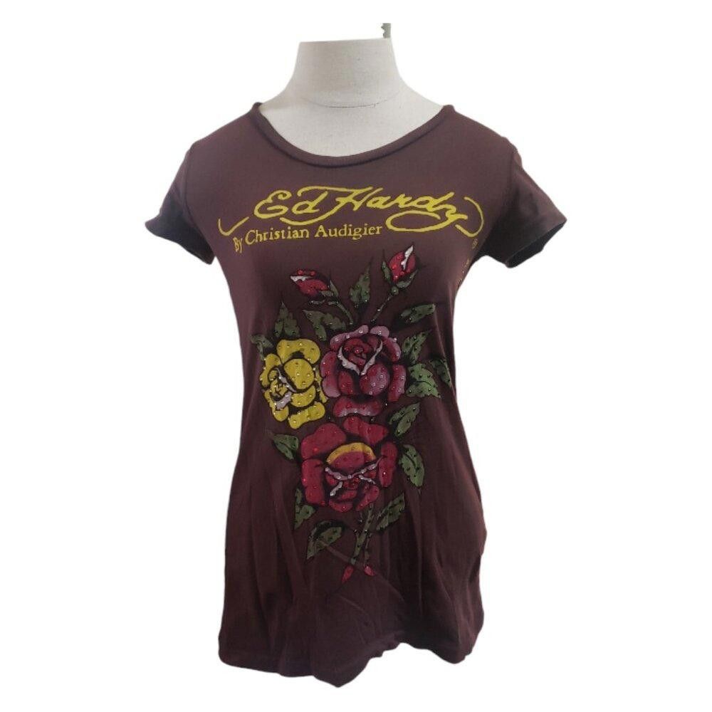 Designer CT1804 Ed Hardy Brown T=shirt with Studded Rose XS Size XS / US 0-2 / IT 36-38 - 1 Thumbnail