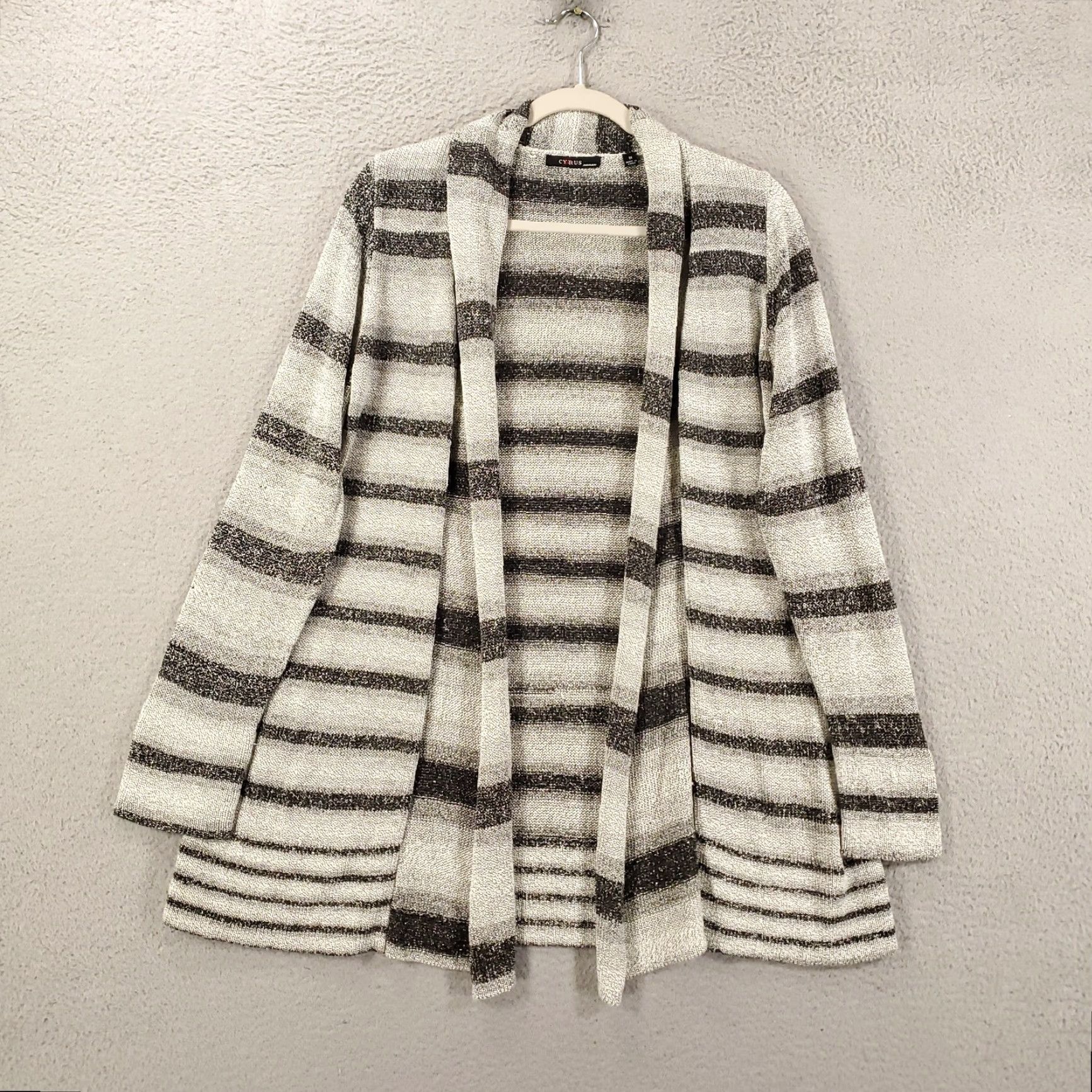 Vintage Womens Cardigan 1X Gray White Striped Sweater Long Sleeve Open Front Cyrus Size XL / US 12-14 / IT 48-50 - 2 Thumbnail