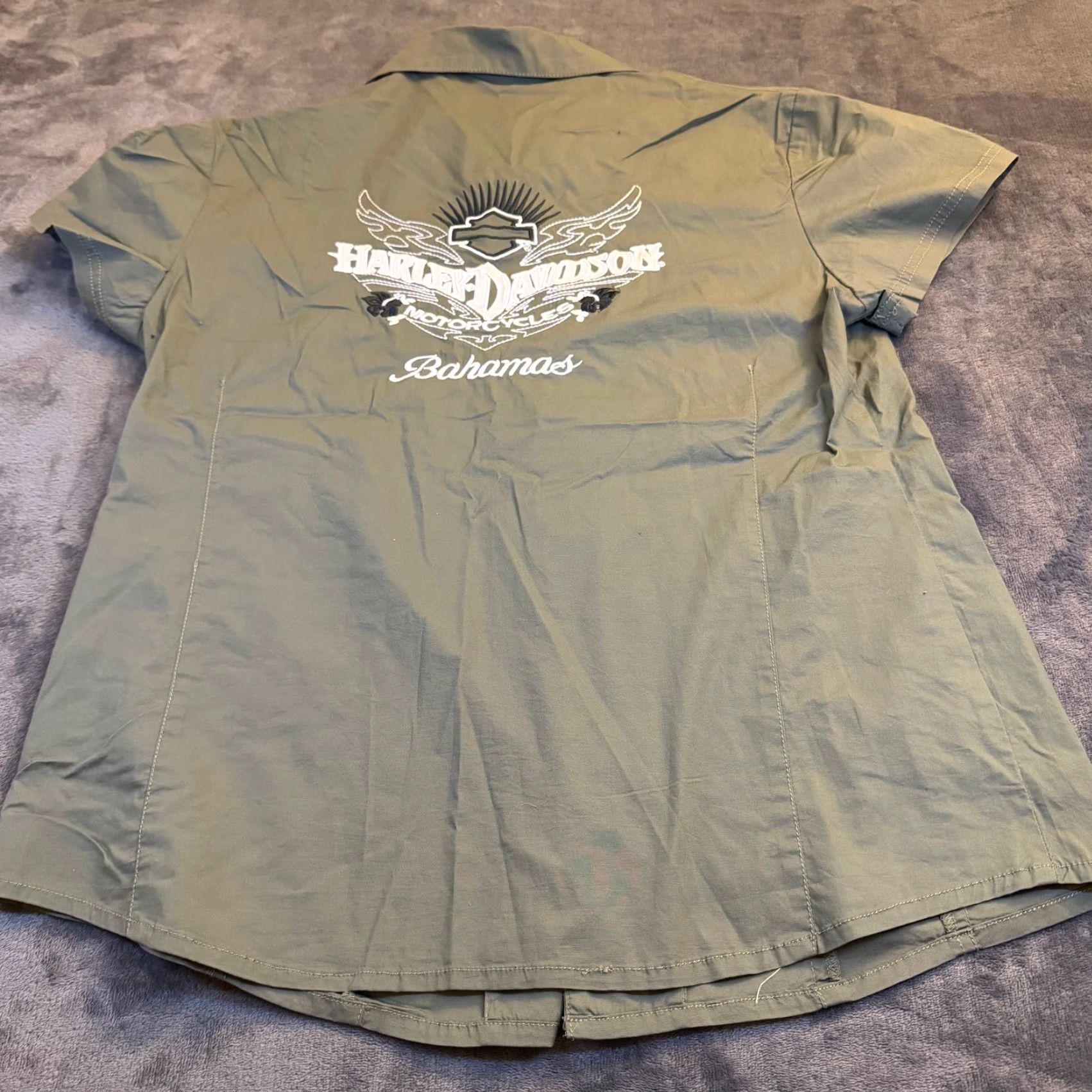 Harley Davidson Harley-Davidson Shirt Womens XL Green Button-Up Short Sleeve Embroidered Pocket Casual Workwear Bahamas 90s Theme Motorcycle? Size XL / US 12-14 / IT 48-50 - 4 Thumbnail