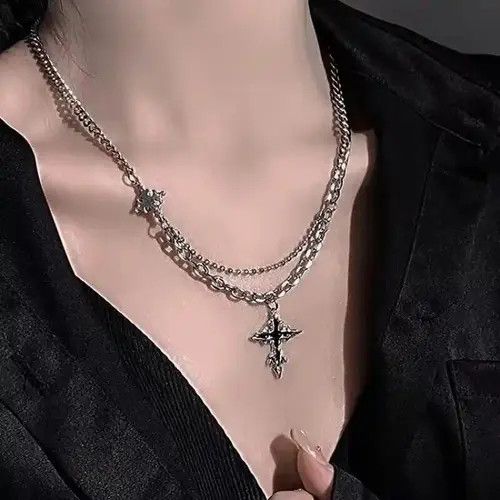 Jewelry × Vintage Double Layer Splicing Chain with Cross Pendant Necklace Size ONE SIZE - 2 Thumbnail