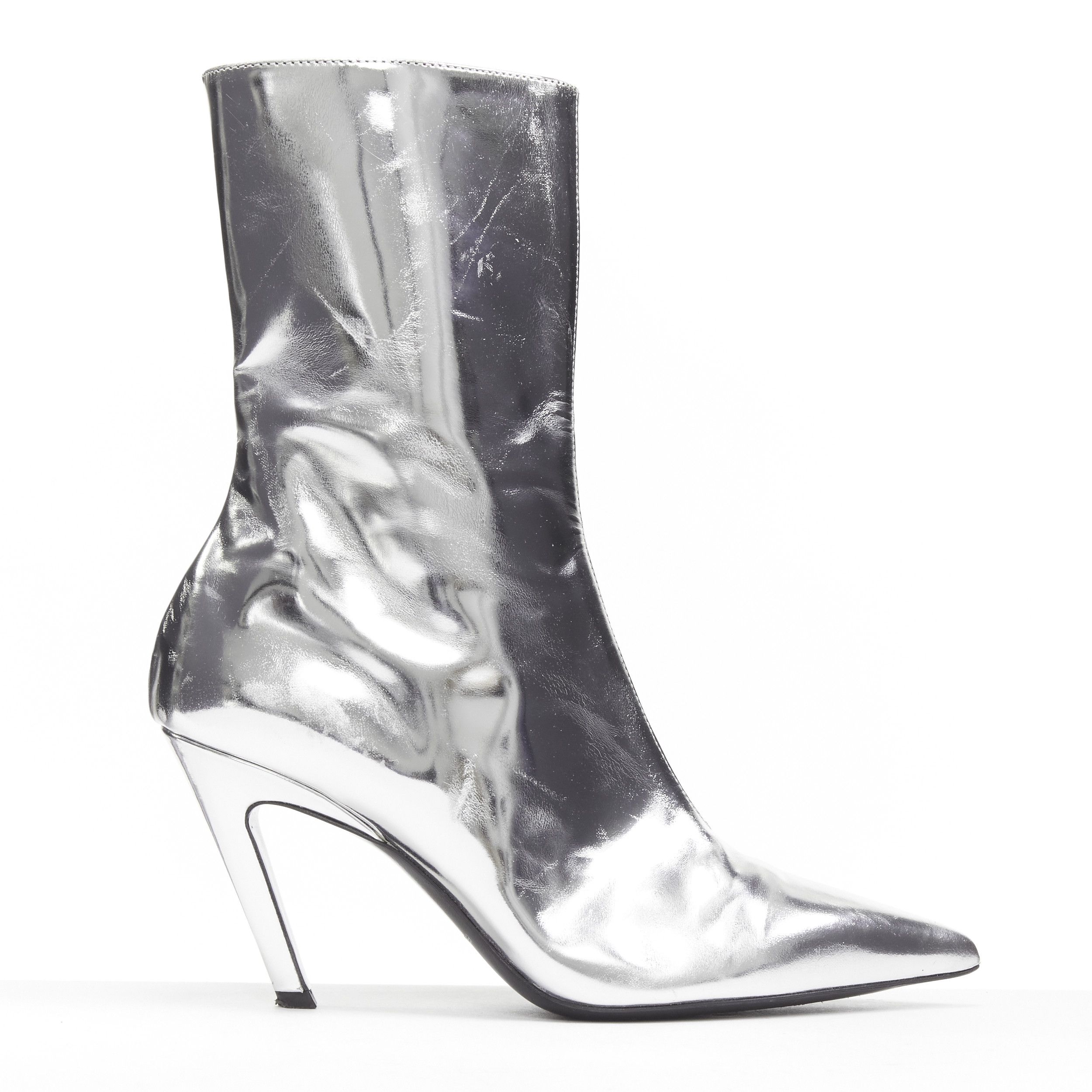 Balenciaga BALENCIAGA Demna silver metallic mirrored leather high ankle boots EU38 Size US 8 / IT 38 - 1 Thumbnail