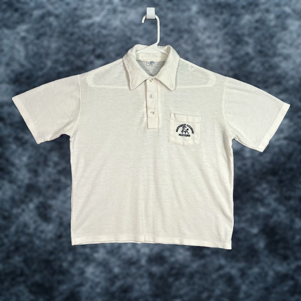 VINTAGE Artex Northwest Academy Mustangs Polo Shirt Adult Large White Mens