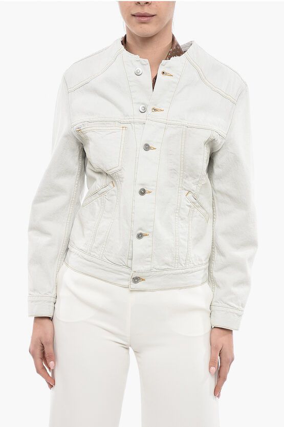 image of Maison Margiela Mm1 Collarless Denim Jacket in White, Women's (Size Medium)