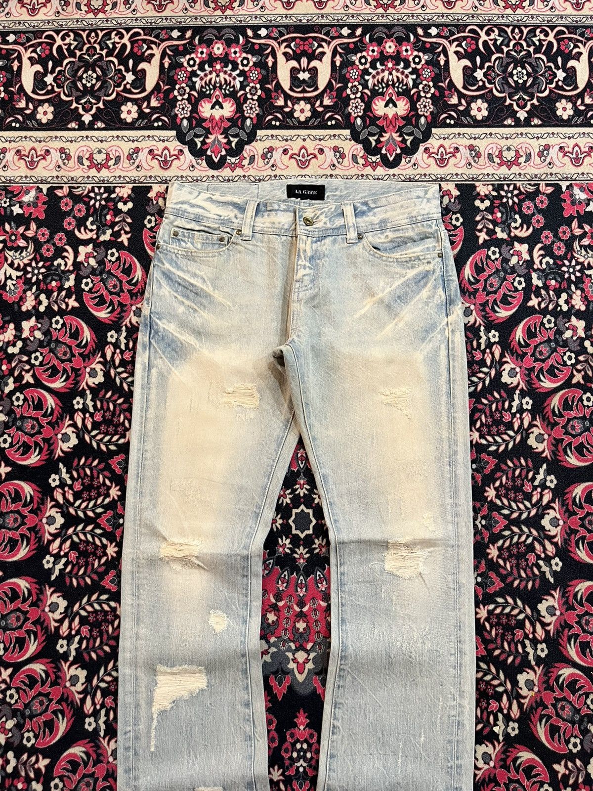 If Six Was Nine Japanese Brand La Gate Acid Blue Whisker Ripped Flare Jeans Size US 31 - 3 Thumbnail